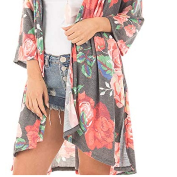 ONE LEFT Sz SMALL! Grey Rose Jersey Duster Kimono - Picture 5 of 5